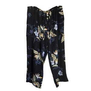 Island Traders Floral Tropical Rayon Pants Black Blue Yellow Large Drawstring